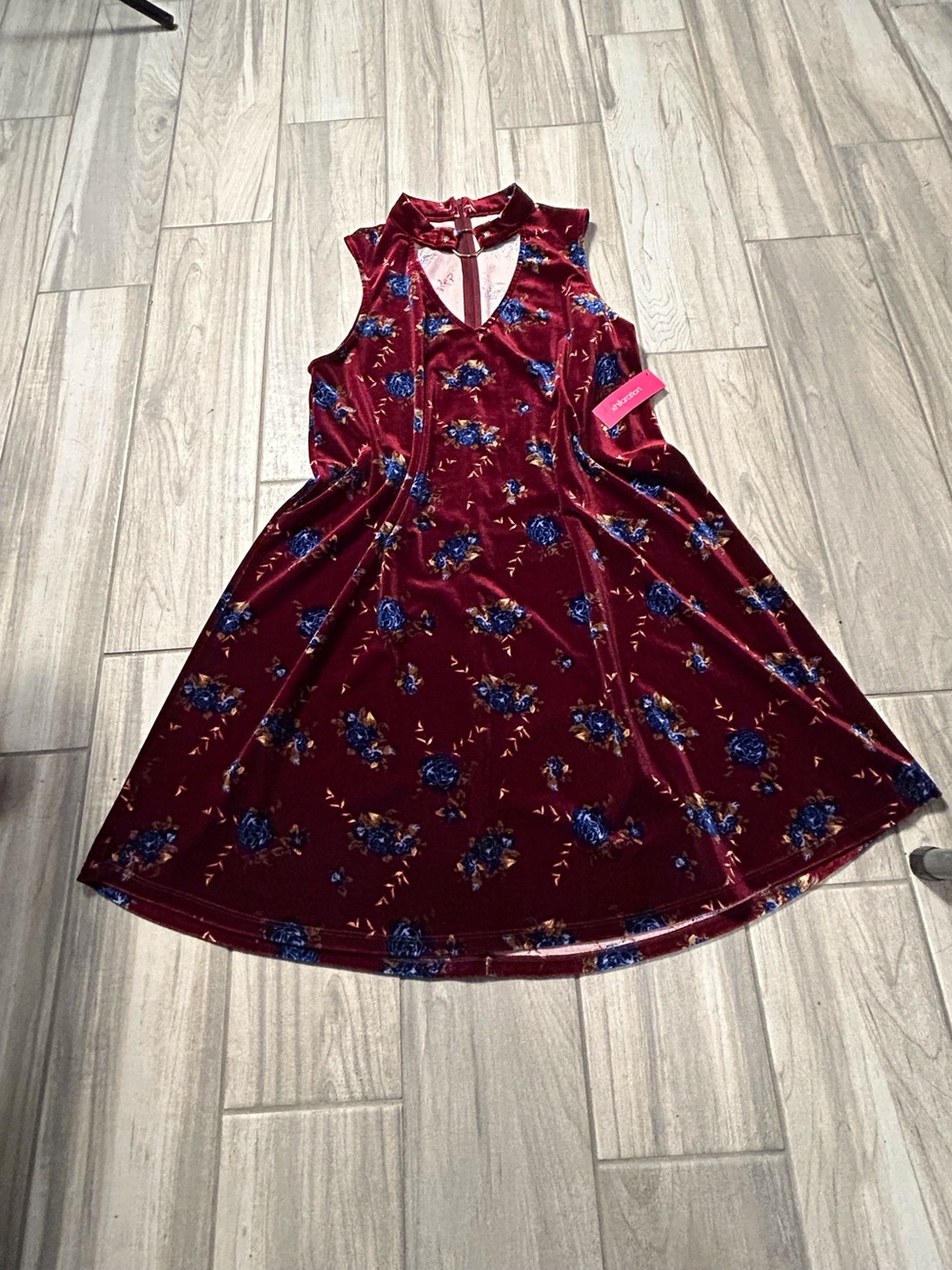 NWT Burgundy Velvet Blue Floral Choker Ring Med Dress Boho Y2K Fairy Grunge